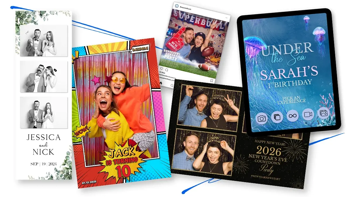 A collage of bespoke Luxe 360 photo booth print designs — weddings, birthdays, under-the-sea themes, New Year's Eve and corporate