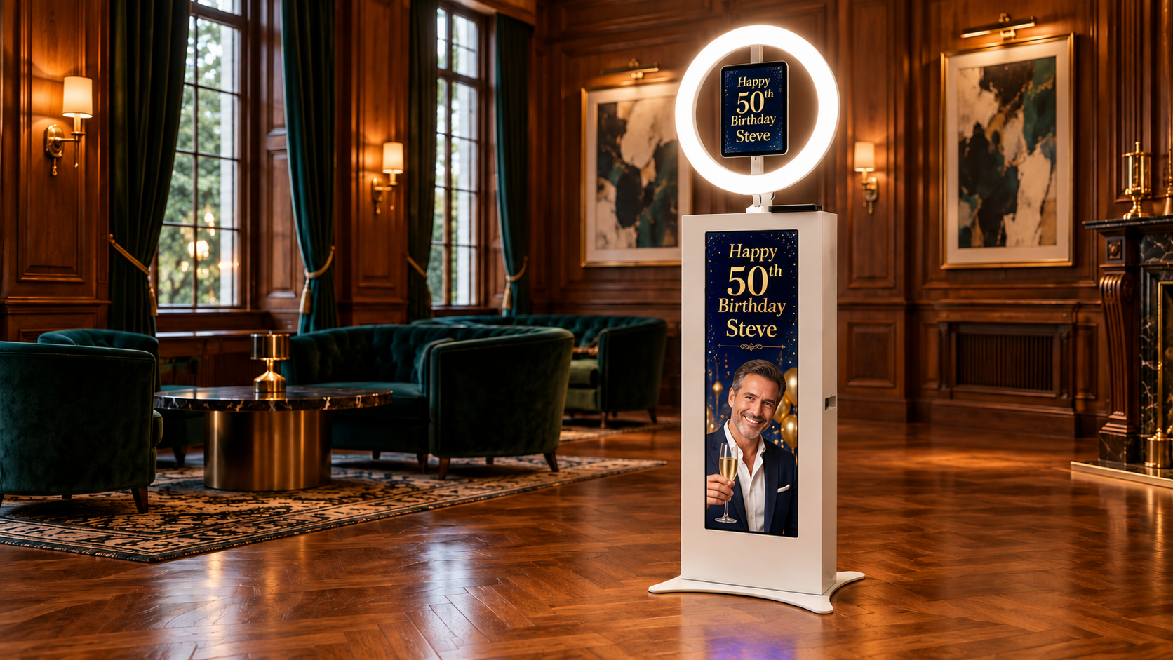 The White Slimline Photo Booth with a custom Happy 50th Birthday screen, set in a grand wood-panelled venue