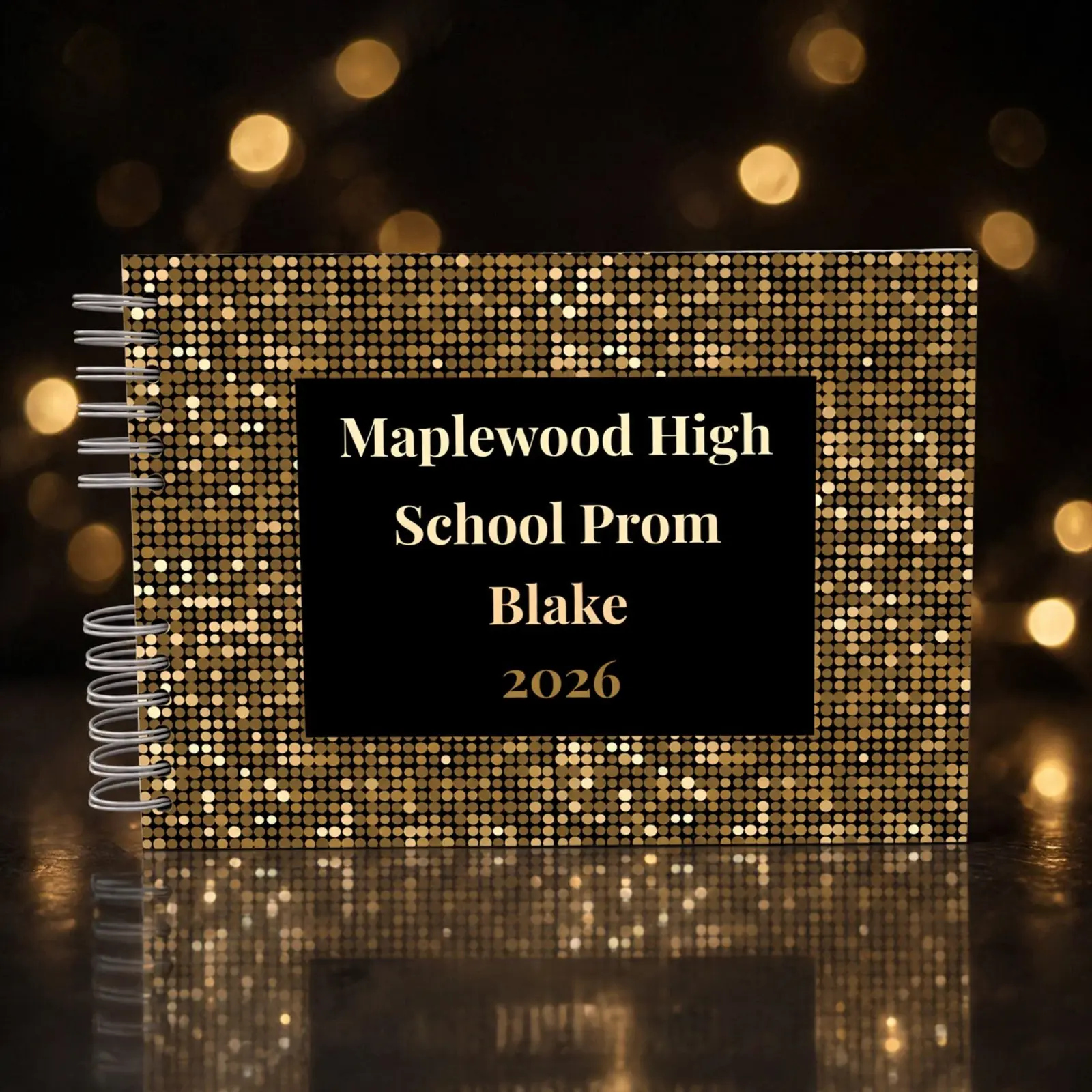 Gold sequin prom guestbook with a black panel reading Maplewood High School Prom, Blake 2026