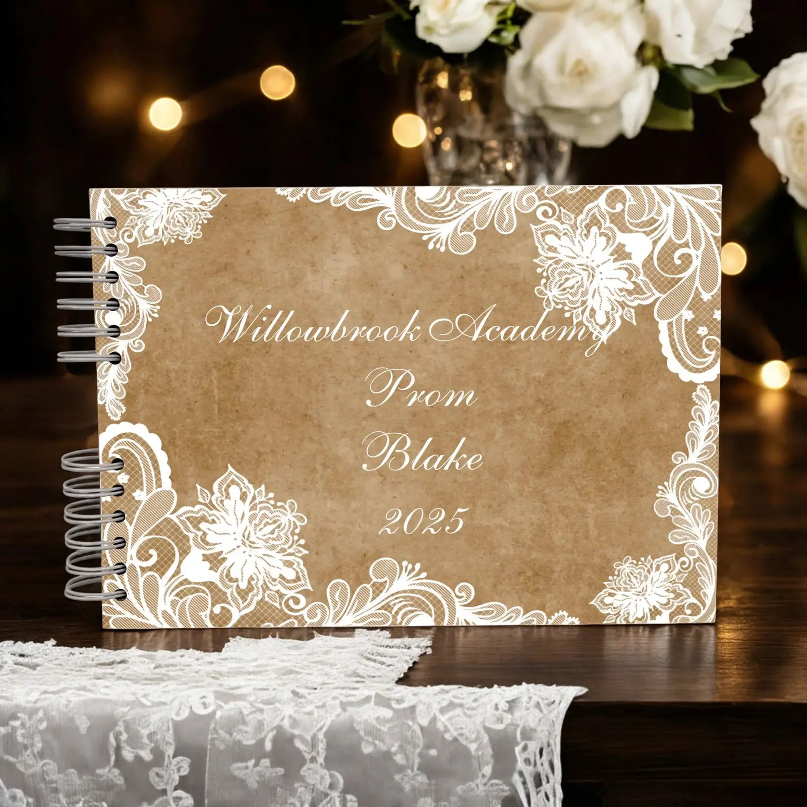 Kraft paper prom guestbook with white lace detailing reading Willowbrook Academy Prom Blake 2025