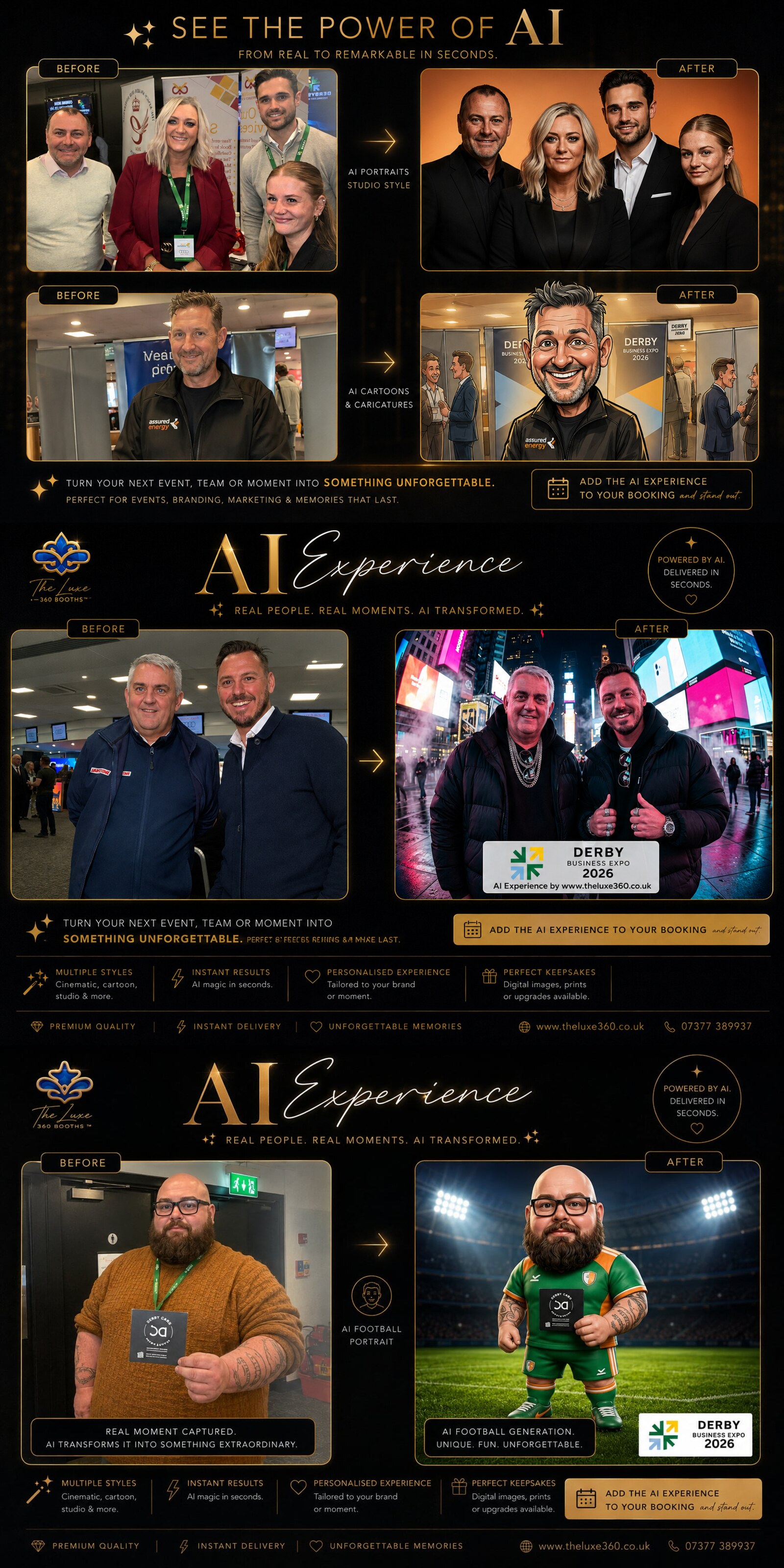 Before & after AI Experience examples — studio portraits, cinematic scenes and caricatures from real Luxe 360 events