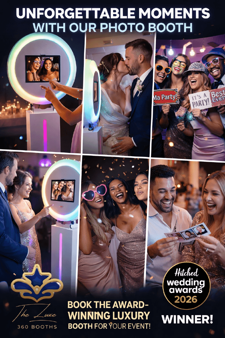 Couple posing in front of the White 2-in-1 Selfie Pod & Roamer photo booth