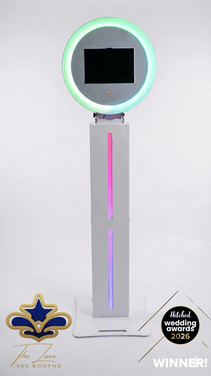 The White 2-in-1 Selfie Pod & Roamer photo booth shown in full — slim white pod with beauty ring light