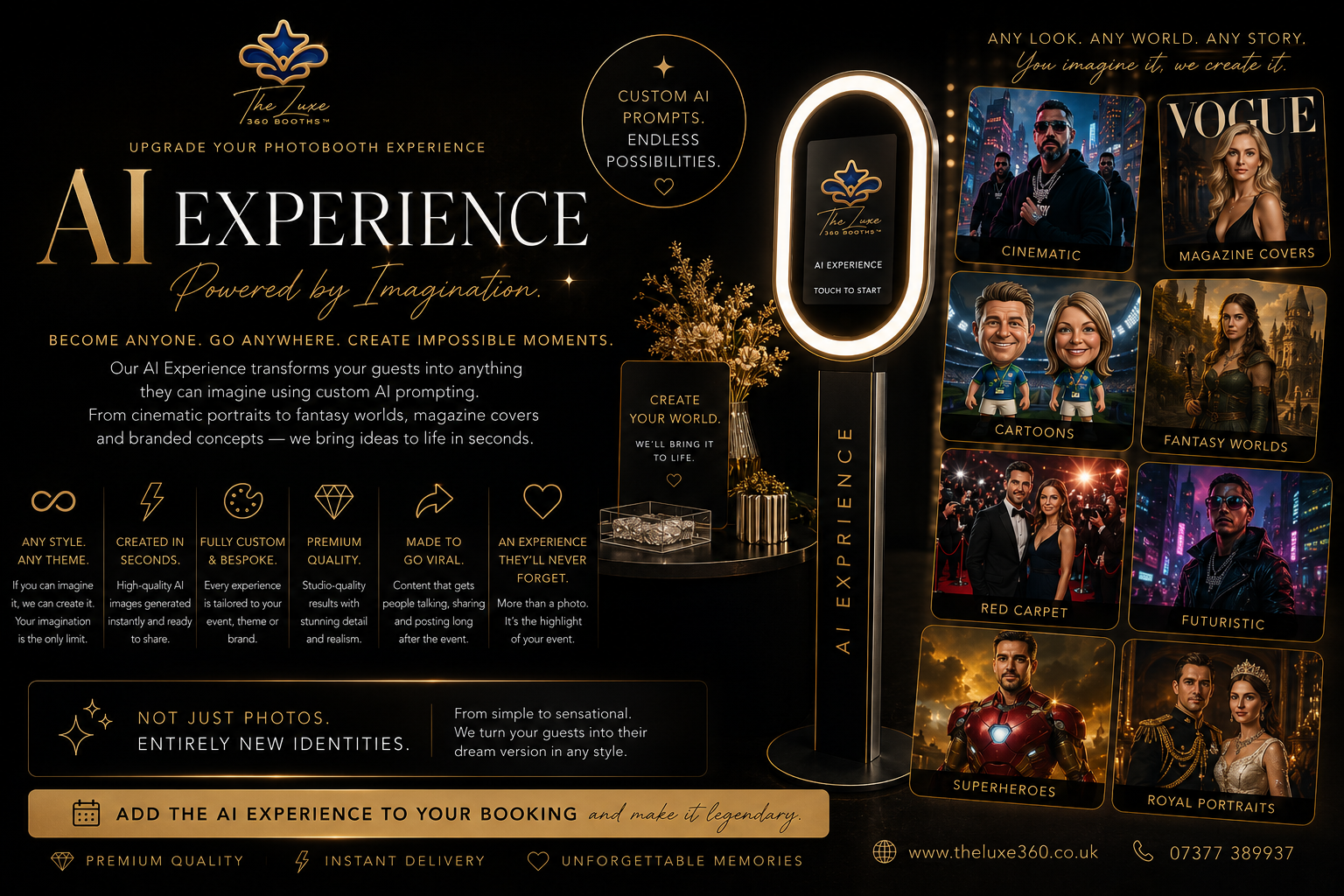 AI Experience upgrade poster showing custom AI prompt possibilities, style examples and booking call to action