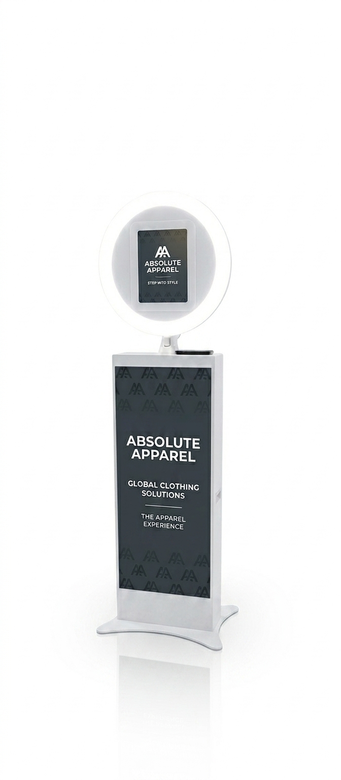 The White Slimline Photo Booth — slim white pillar with custom 30‑inch beauty ring light and LCD screen