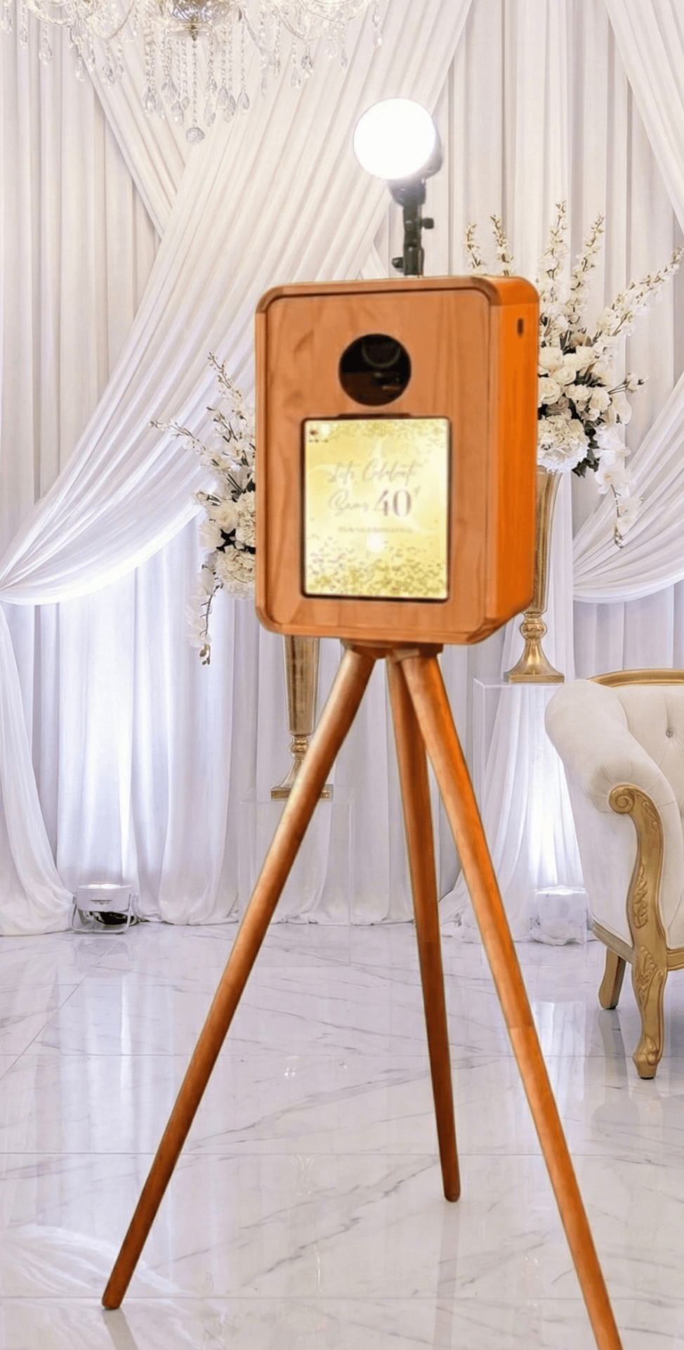 The Wooden Vintage Photo Booth — White drapes & florals