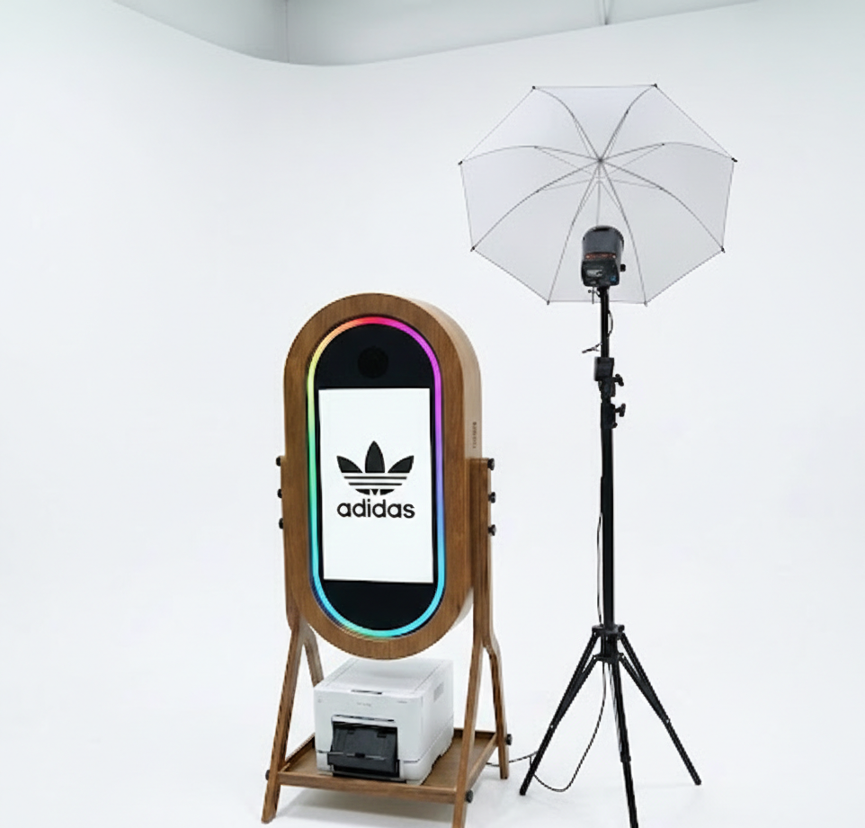 The Wooden Magic Mirror — full kit with RGB halo, oak frame, studio flash umbrella and built‑in printer