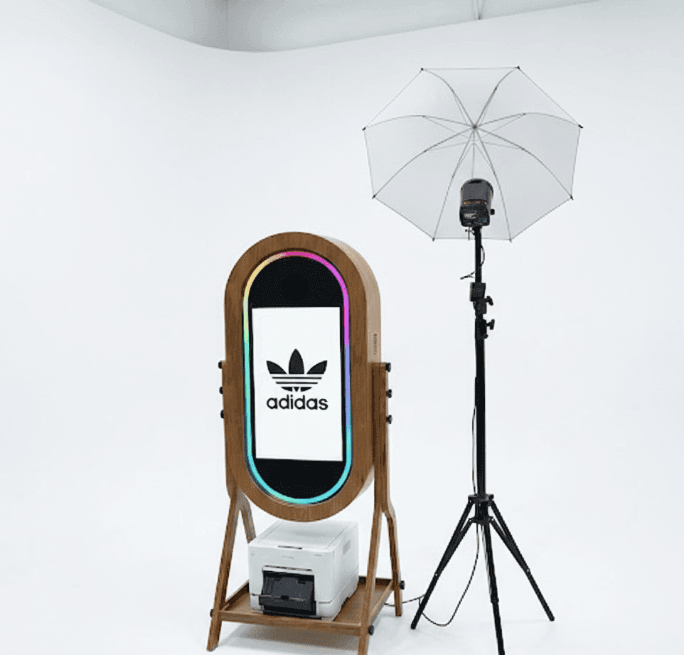 The Wooden Magic Mirror — full kit with RGB halo, oak frame, studio flash umbrella and built‑in printer
